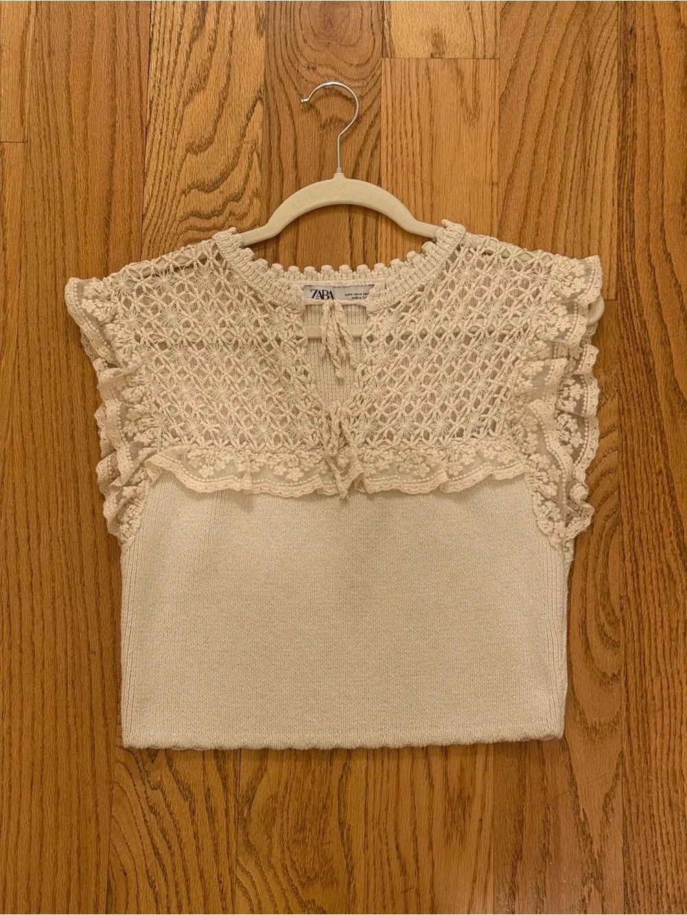 Zara Cream Crochet Yoke Knit Top